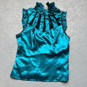 Susie Rose Teal Satin Top‎ Ruffle Mock Neck Sleeveless Party L (11/13)